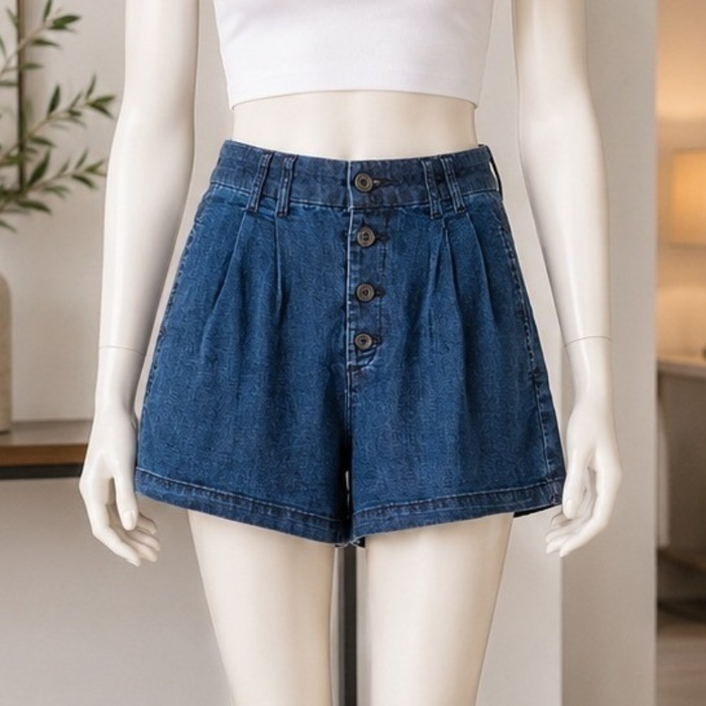 GAP x DOEN Womens Denim Shorts High Waisted Button Fly Pleated Blue 25 0R